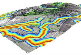 3D view in a case study from one of the courses of the Certificate in GIS for Environmental Management Program showing a 100 m raster buffer around streams. University of Toronto GIS for Environmental Management - University of Toronto - 3D GIS image