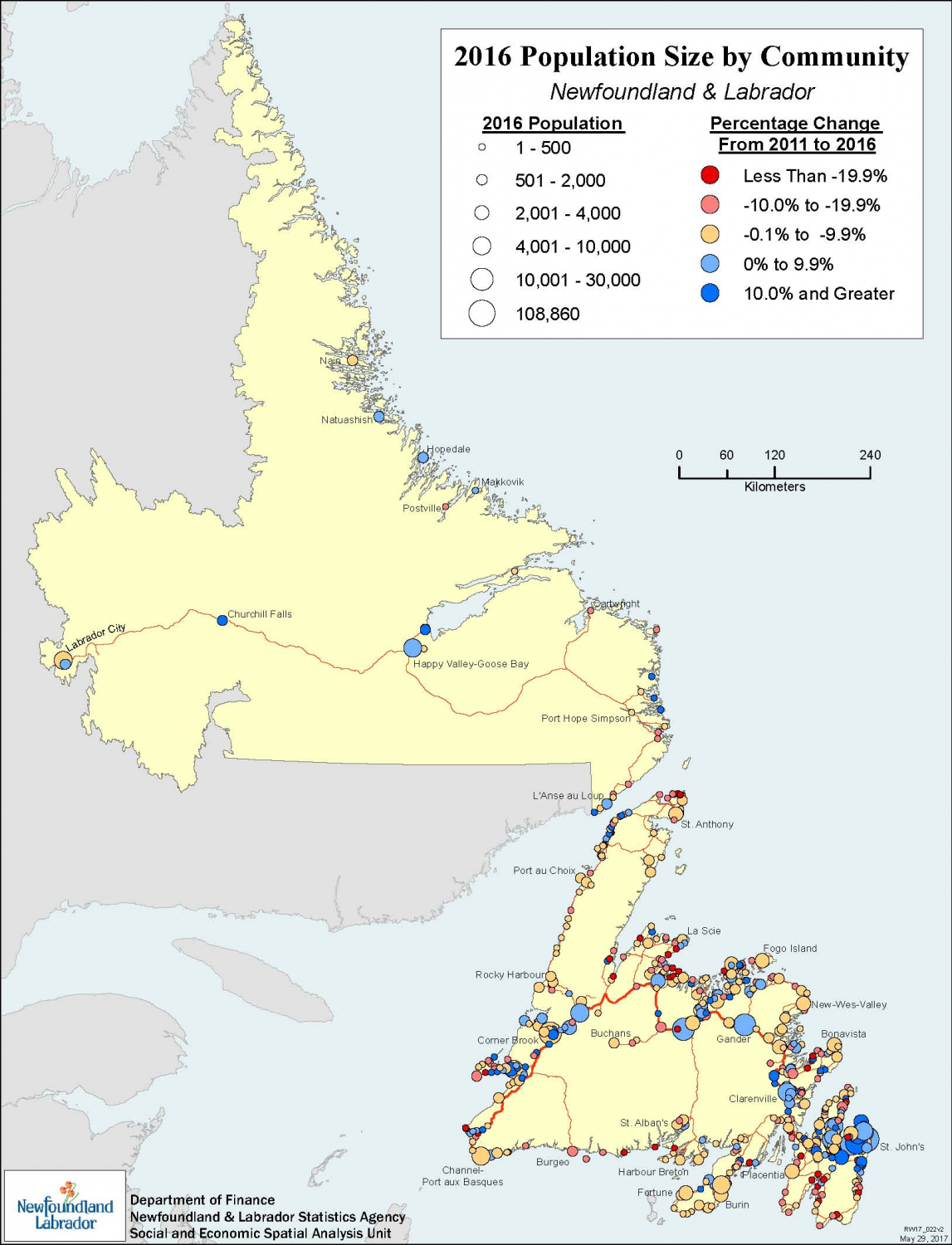 Newfoundland and Labrador Population Change Map